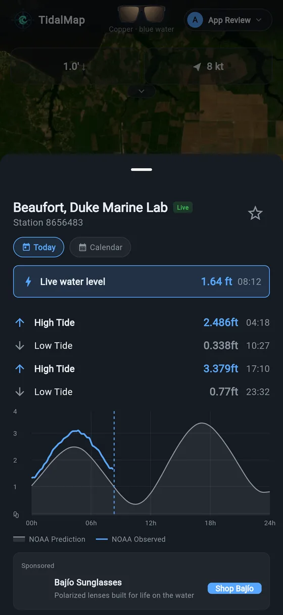 Tide station sheet with live water level, predicted curve, and high/low times