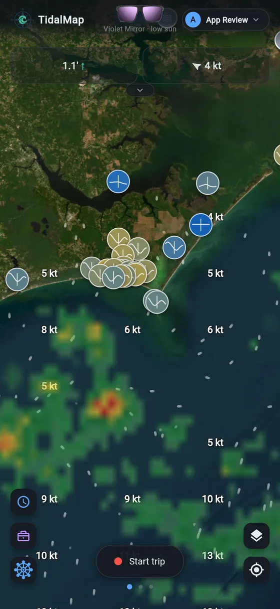 Animated wind streamlines over the chart with the weather forecast card