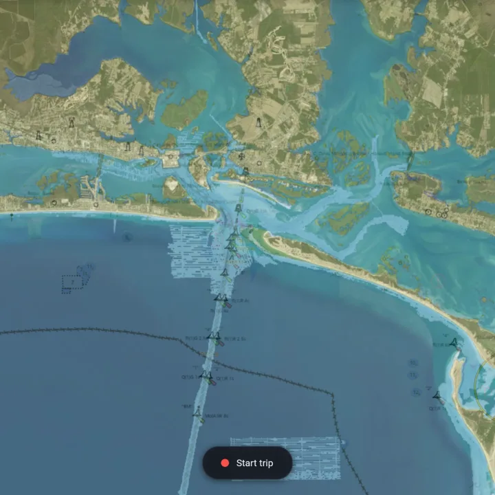 NOAA nautical chart, seamark, and bathymetry contour overlays on the satellite basemap