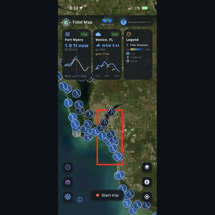 A downloaded offline region outlined in red over the nautical chart