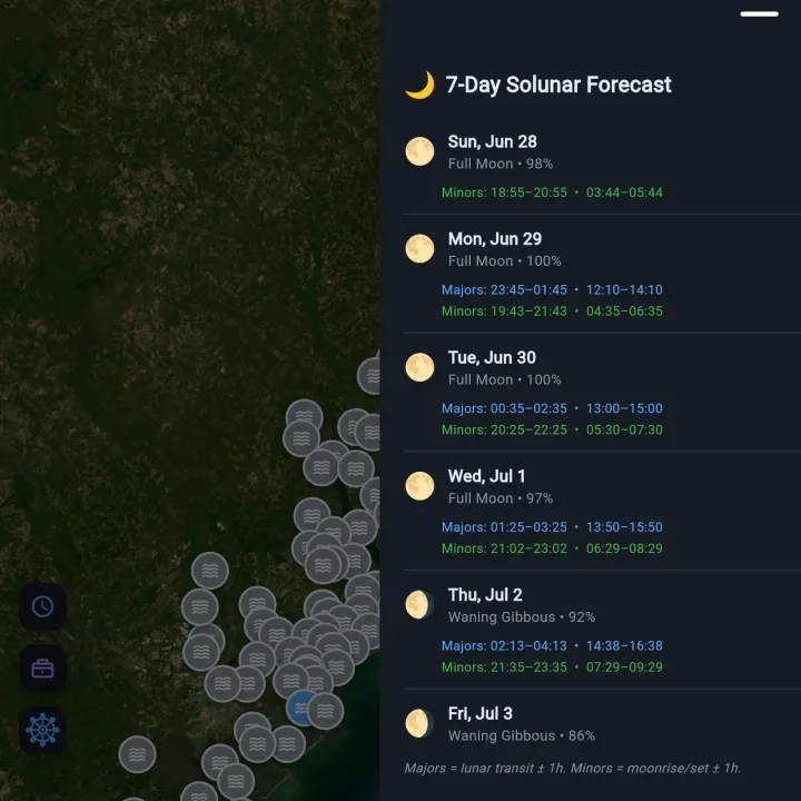 Solunar force chart and feeding-window card over a coast of live tide stations